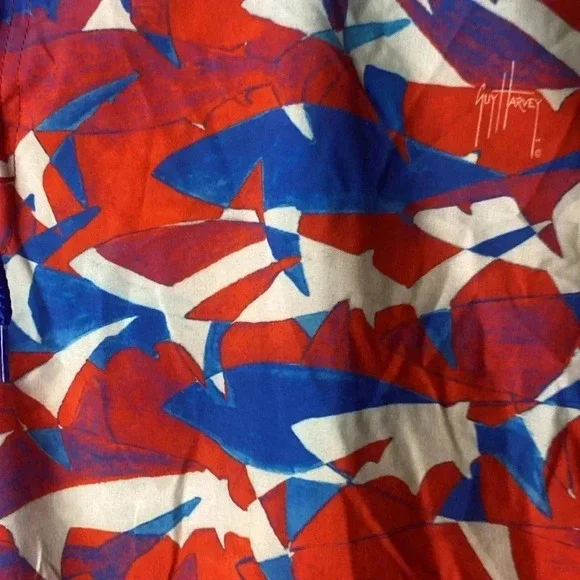 GUY HARVEY MENS XL RED WHITE BLUE SHARK DESIGN BOARD SWIM SHORTS ELASTIC WAIST - Picture 4 of 14